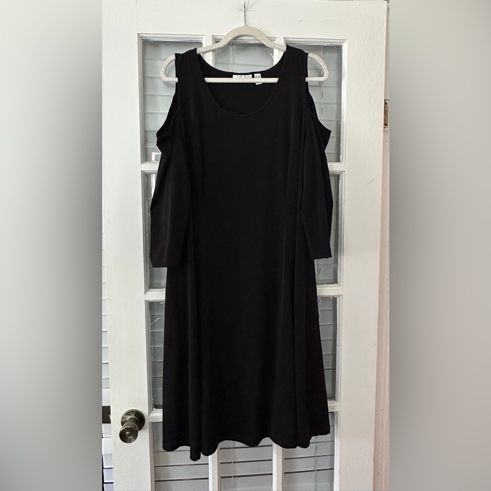 Susan Graver Women's 1X 3/4 Sleeve Cold Shoulder Black Midi Dress | SKU 0312